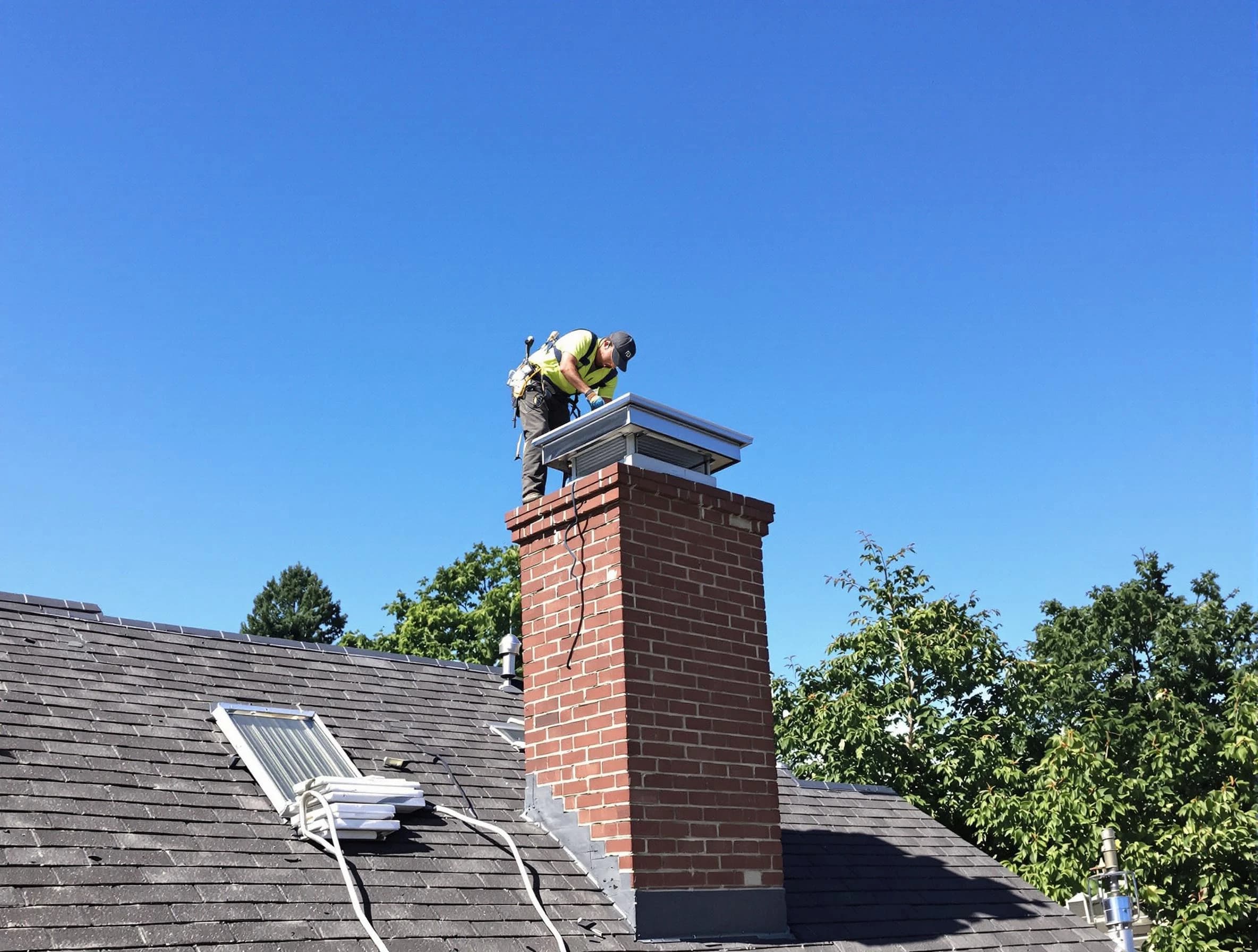 North Fayette Chimney Sweep technician measuring a chimney cap in North Fayette, PA